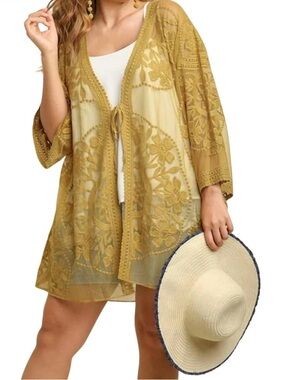 Umgee Floral Sheer Kimono in Mustard